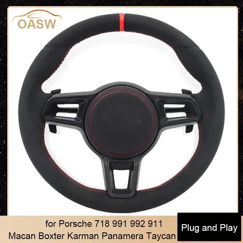 

Автомобильный руль Alcantra с красной строчкой для Porsche Macan Panamera Taycan Cayenne Cayman 718 991 992 911, OEM, любой цвет