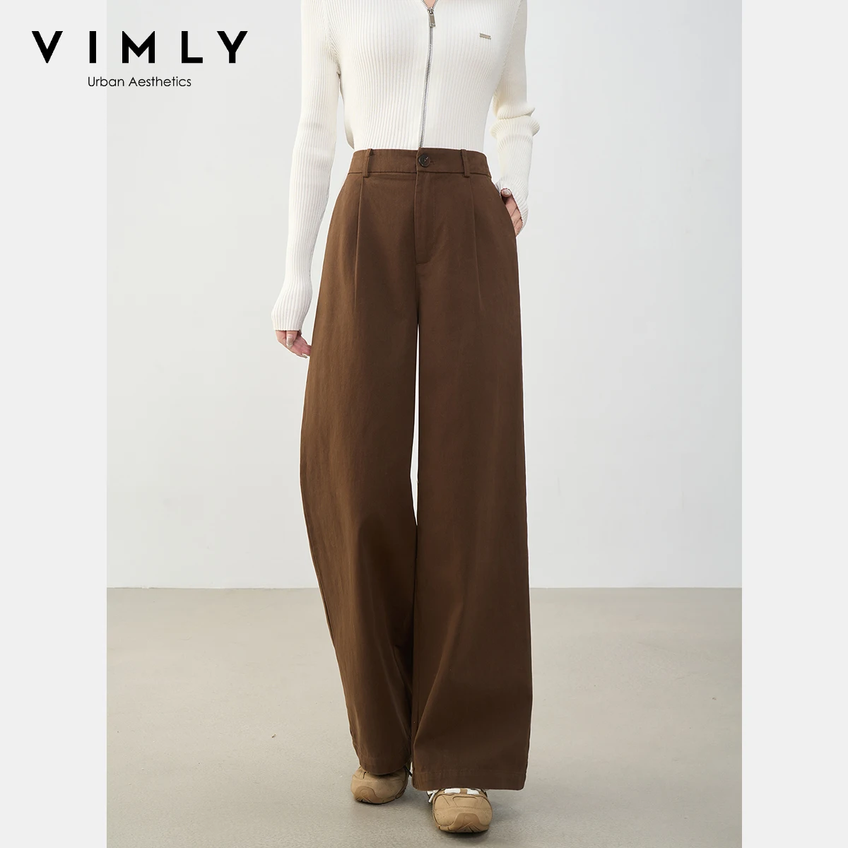

VIMLY Women's Wide Pants Pure Cotton Vintage Jeans Autumn 2025 Casual Brown Loose Woman Trousers Button Pocket Lady Pants A2186