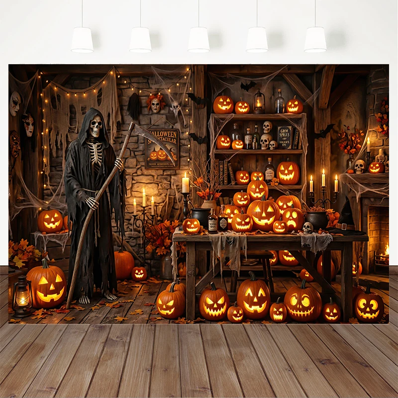 Mocsicka Rustic Halloween Cabin Photography Backdrop Grim Reaper Glowing Pumpkins Candles Spider Webs Jack-O-Lanterns Kid Banner