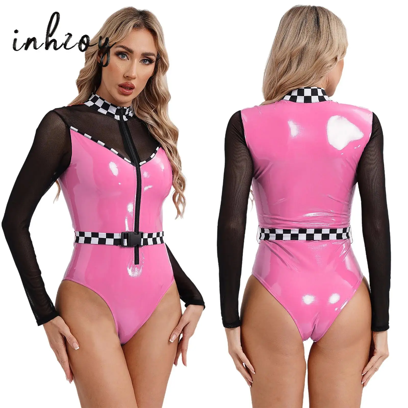 Womens Racer Driver Cosplay Costume Checkerboard Print Bodysuit Sheer Mesh Patent Leather Jumpsuit Carnival Rave Party Clubwear