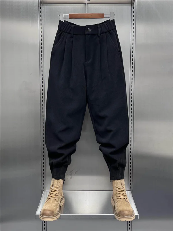 

Модные шерстяные брюки для мужчин с молнией под ботинки, свободный крой, повседневные зимние длинные брюки из полиэфирного волокна, без бренда