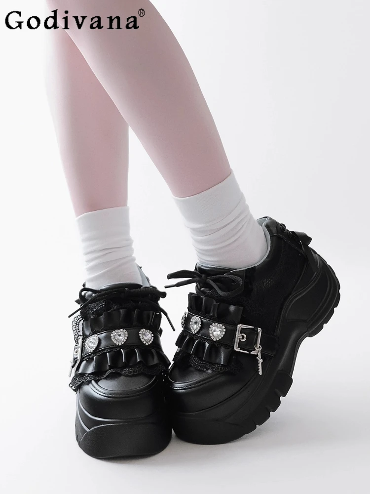 

Original Subculture Japanese Platform Shoes Autumn and Winter 2025 Mine Love Rhinestone Sweet Cool Jk Lace-up Shoes Y2k Pumps