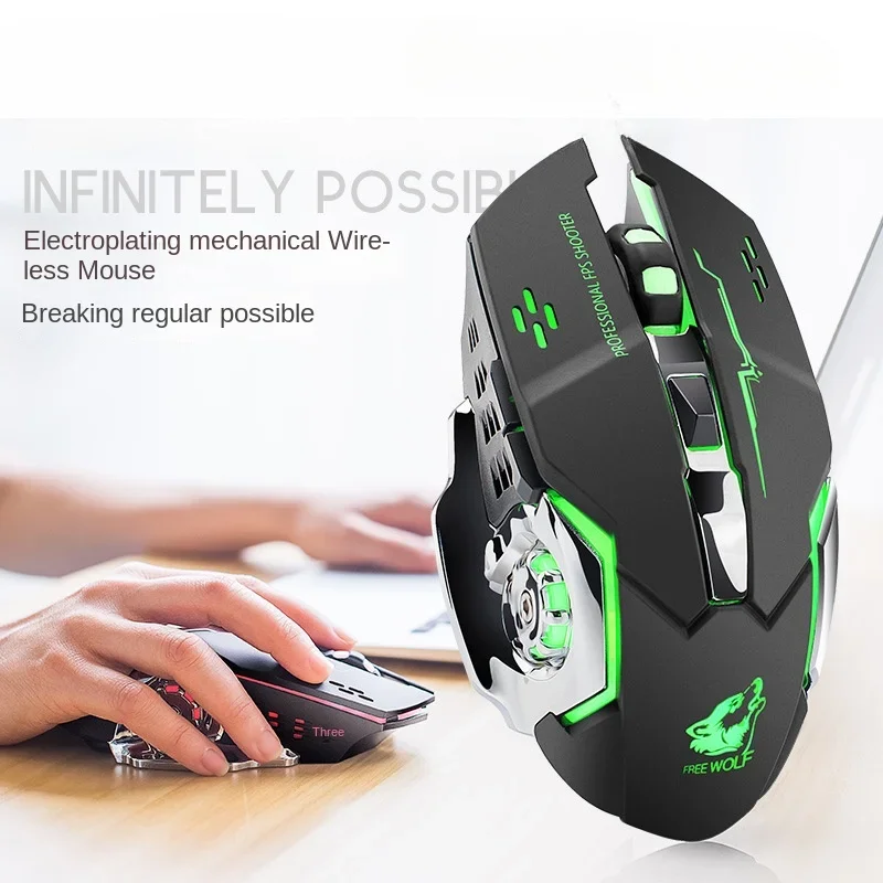 Free Wolf X8 Wireless Game Mouse Mute  Backlit Mechanical Mouse Ergonomic Charging Optical Mouse for PC Laptop Desktop