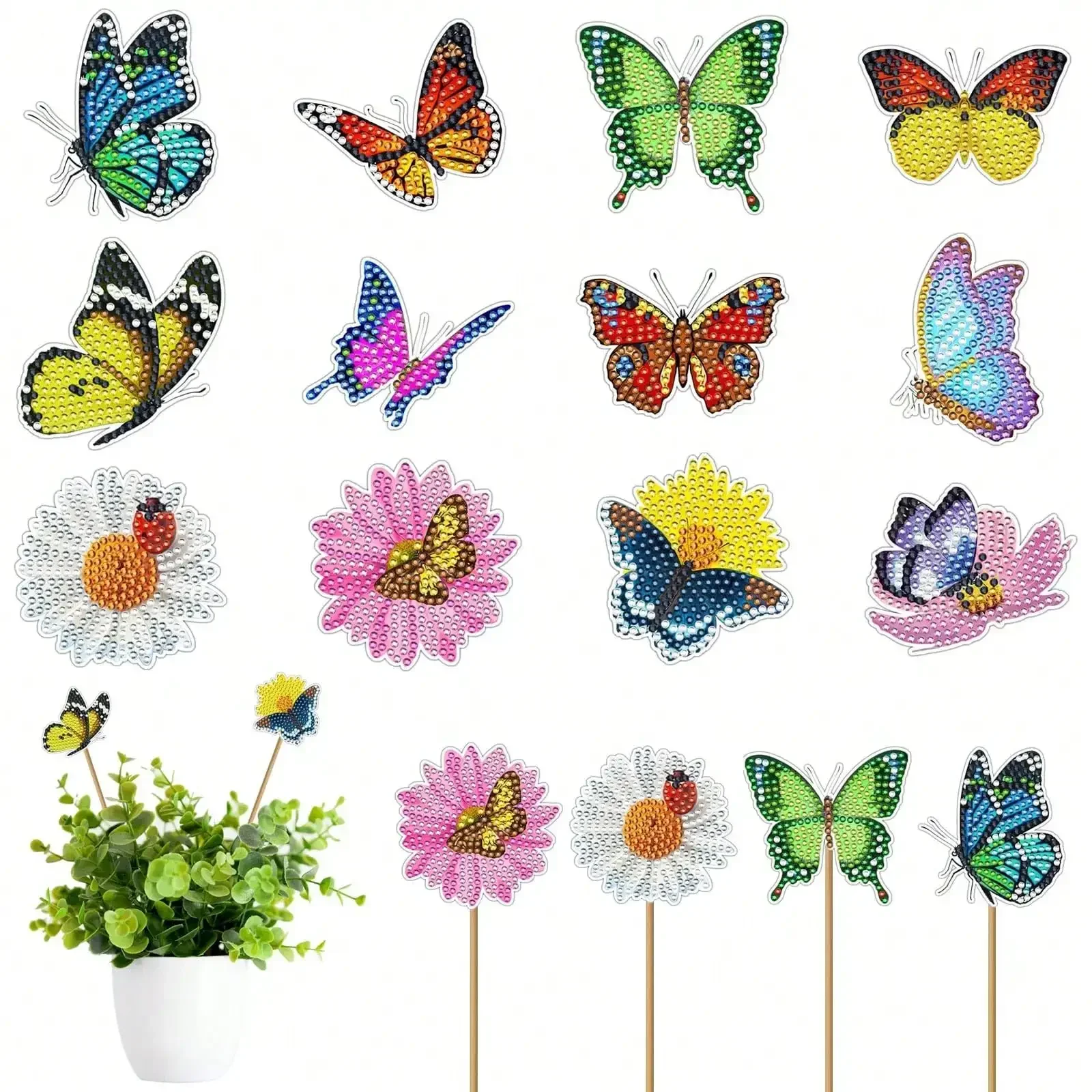 12 PCS Butterfly Diamond Art Kits, DIY Crafts Diamond Art Painting Kit Garden Stakes For Garden Decor Kits