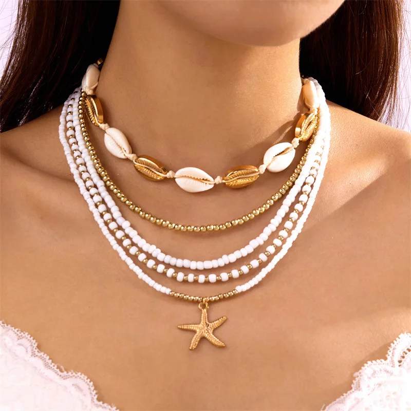 

Bohemian vacation wind shell starfish rice beads multi-layer necklace set beach wind casual collarbone chain female