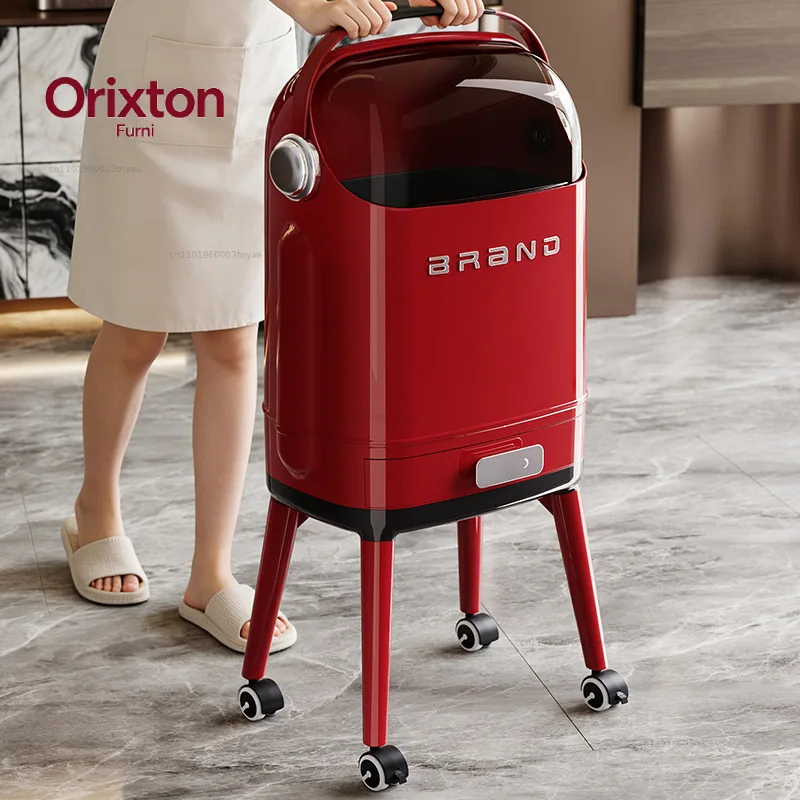 25L Retro High - Leg Trash Can with Wheels & Drawer, 83cm Height, Easy to Move & Clean, for Kitchen/Bathroom (Beige/Red)
