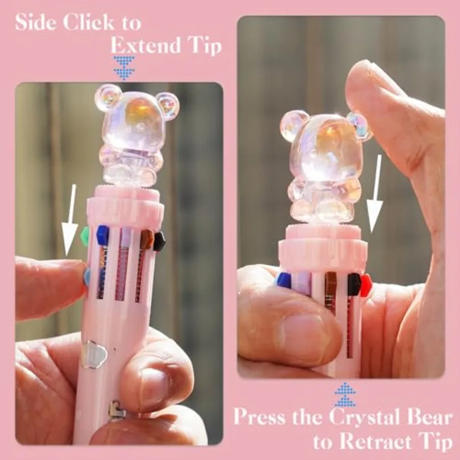 3 عبوات من أقلام متعددة الألوان الكل في واحد 0.7 مم 10 في 1 قلم حبر جاف متعدد مع حقيبة شفافة على شكل دب كريستالي لطيف مثالية لـ Stu