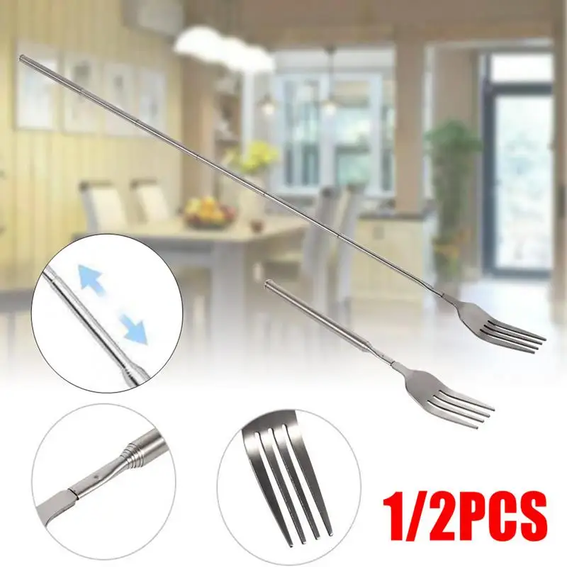 Stainless Steel Cutlery Fork Tableware Bento Box Retro Fork BBQ Telescopic Extendable Dinner Fruit Dessert Long Handle Fork