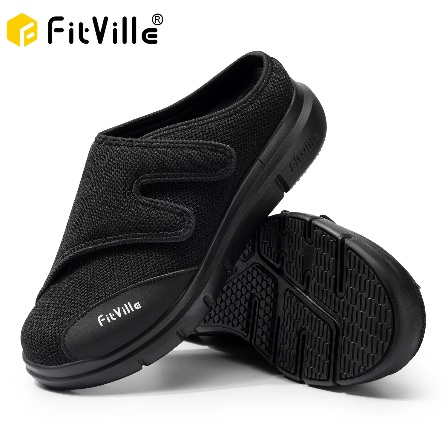 FitVille Men's Half Slippers Diabetic Shoes Extra Wide Adjustable Lightweight Casual Shoe For Swollen Feet Plantar Fasciitis