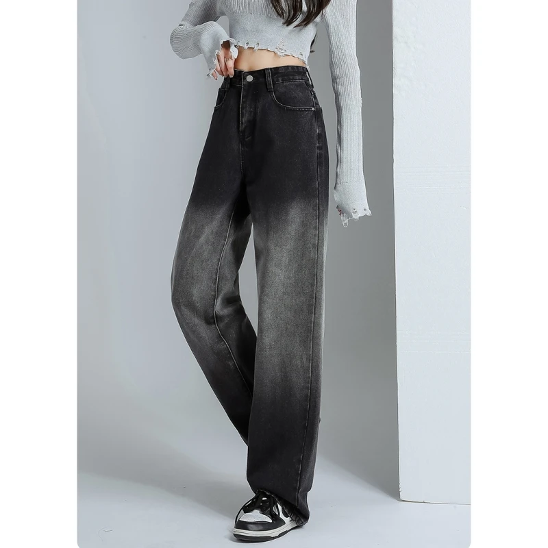 

Vintage Black High Waist Women Jeans Gradient American Fashion Streetwear Wide Leg Jean 2023 Female Trouser Straight Denim Pants