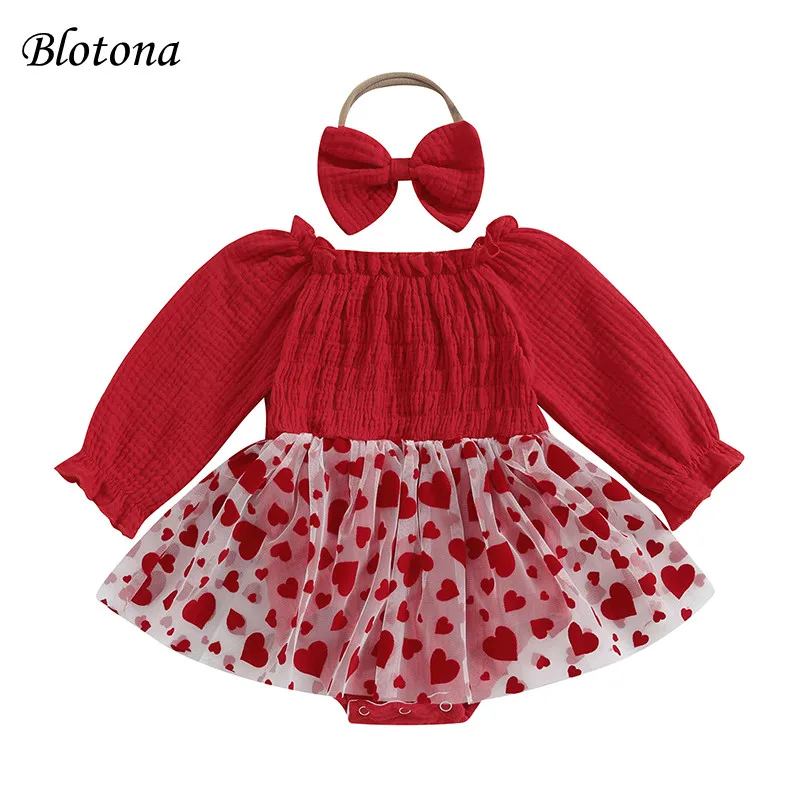 Blotona Hot Sale Baby Girls Valentine's Day Romper Long Sleeve Heart Print Romper Dress with Headband 0-12Months