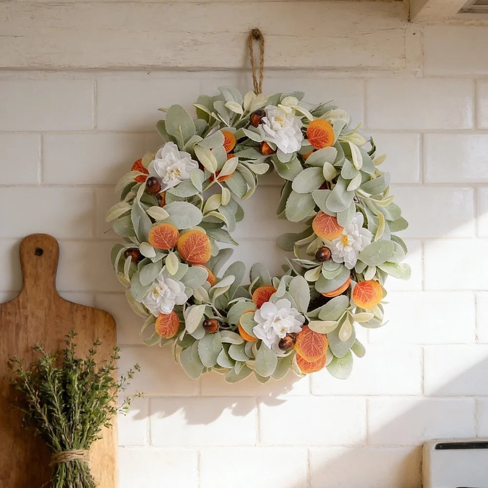 Plastic Foam Fabric Garland with Rabbit Ear Leaves and White Flowers for Thanksgiving Autumn Decor in Residential Spaces