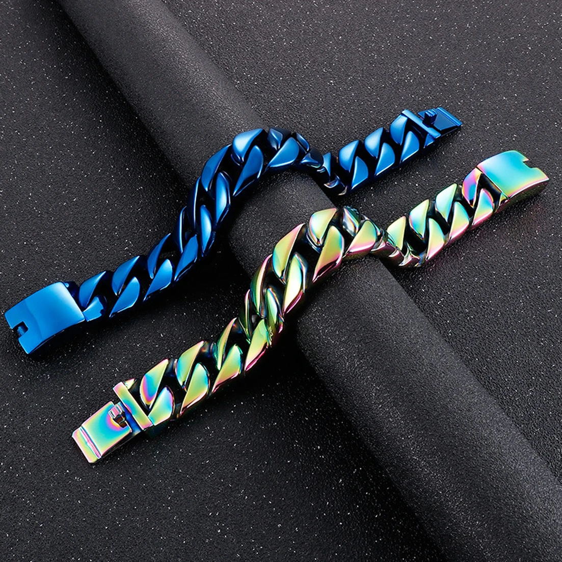 Granny Chic New Arrival Blue Tone/Multicolor Stainless Steel Curb Cuban Link Chain Heavy Bracelet Bangle 20mm*21cm for Men