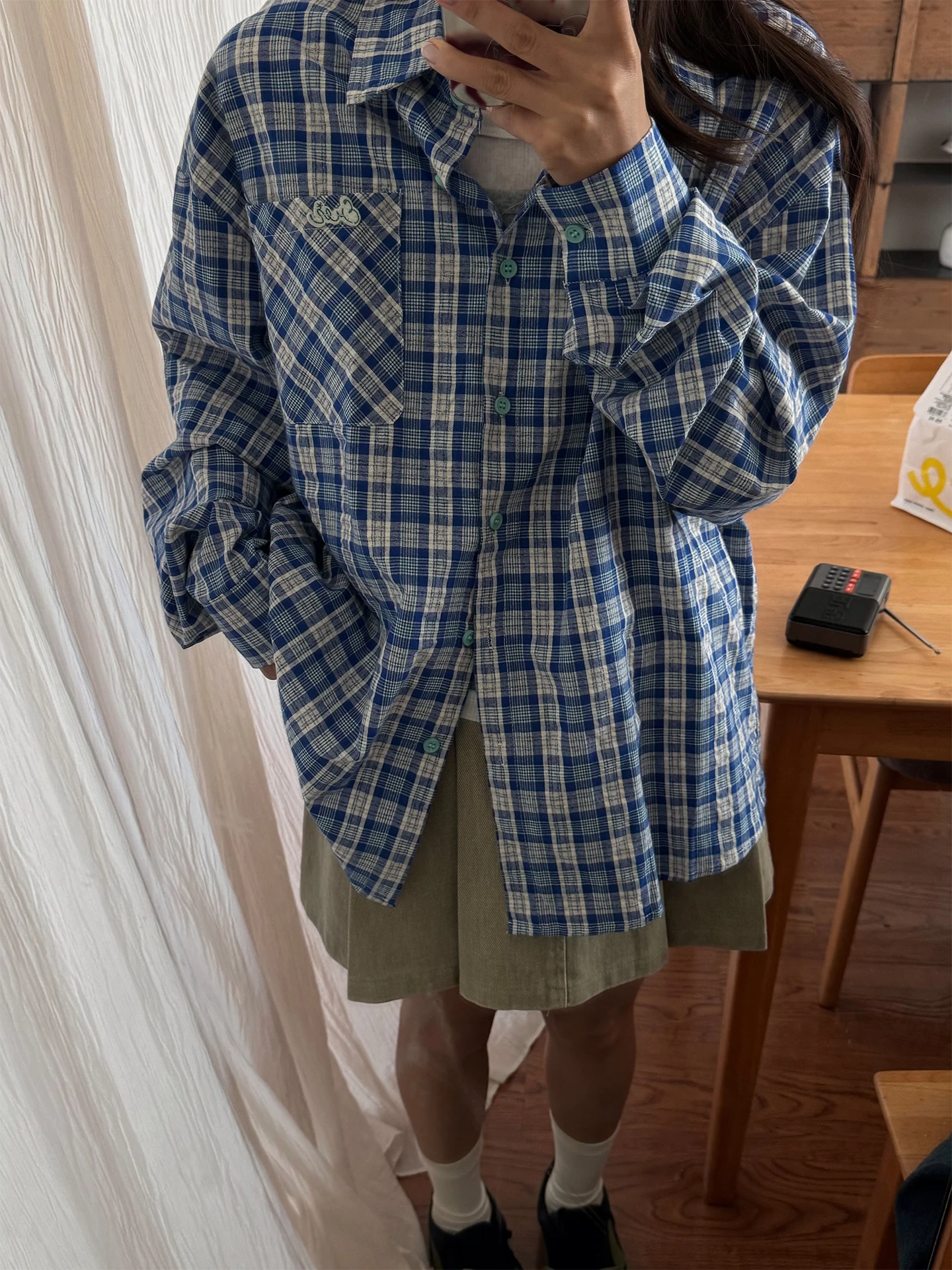 

Свободная рубашка с длинными рукавами в парном стиле, повседневная, из хлопка, с вышивкой, в корейском стиле, с сетчатым узором, мужская и женская верхняя одежда, топ NIDEBLACK