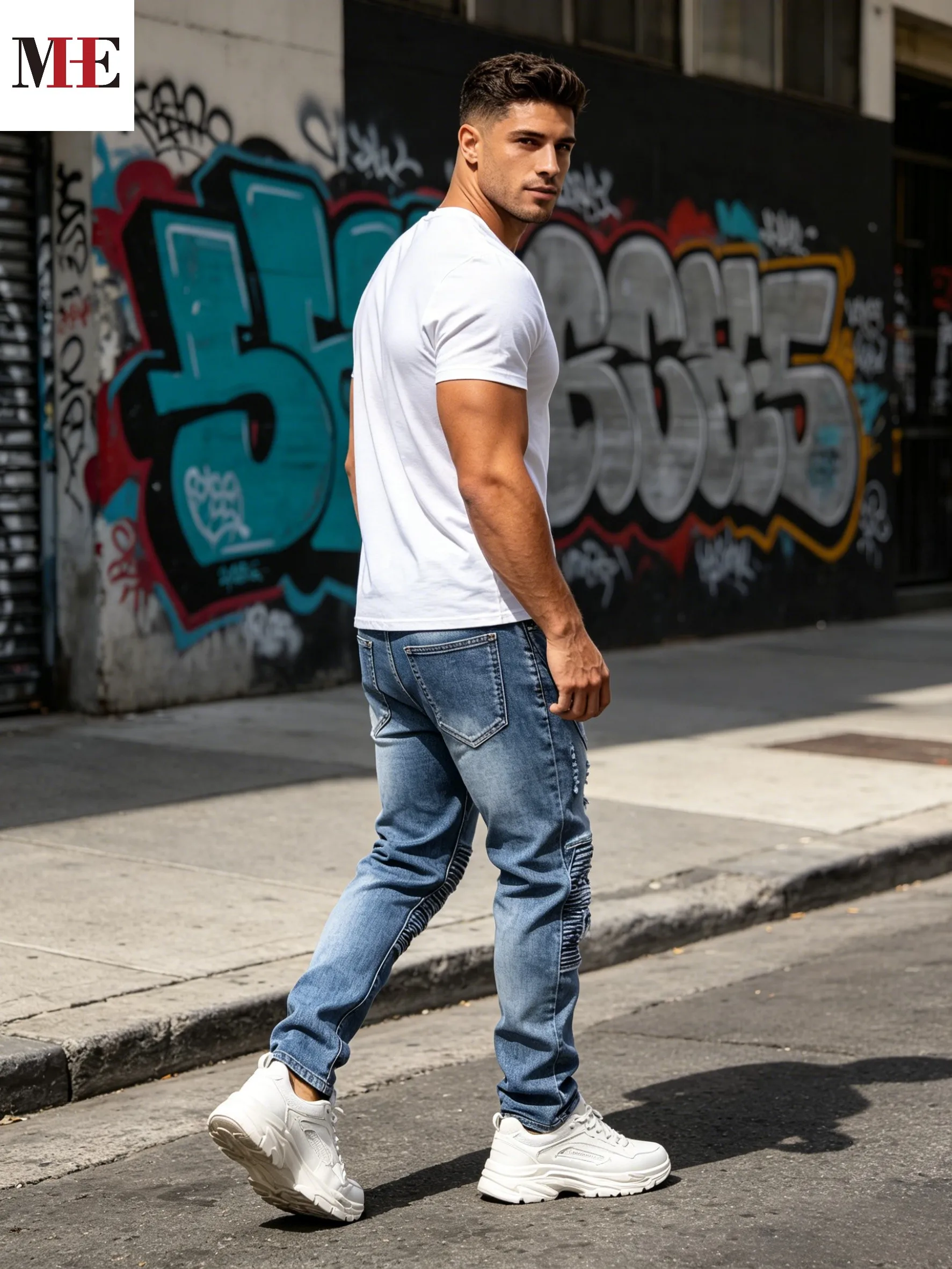 HME Hip Hop Fashion Denim Pants, Light Wash Long Denim Pants Featuring Curved Seam Lines & Distressed Small Tear Holes