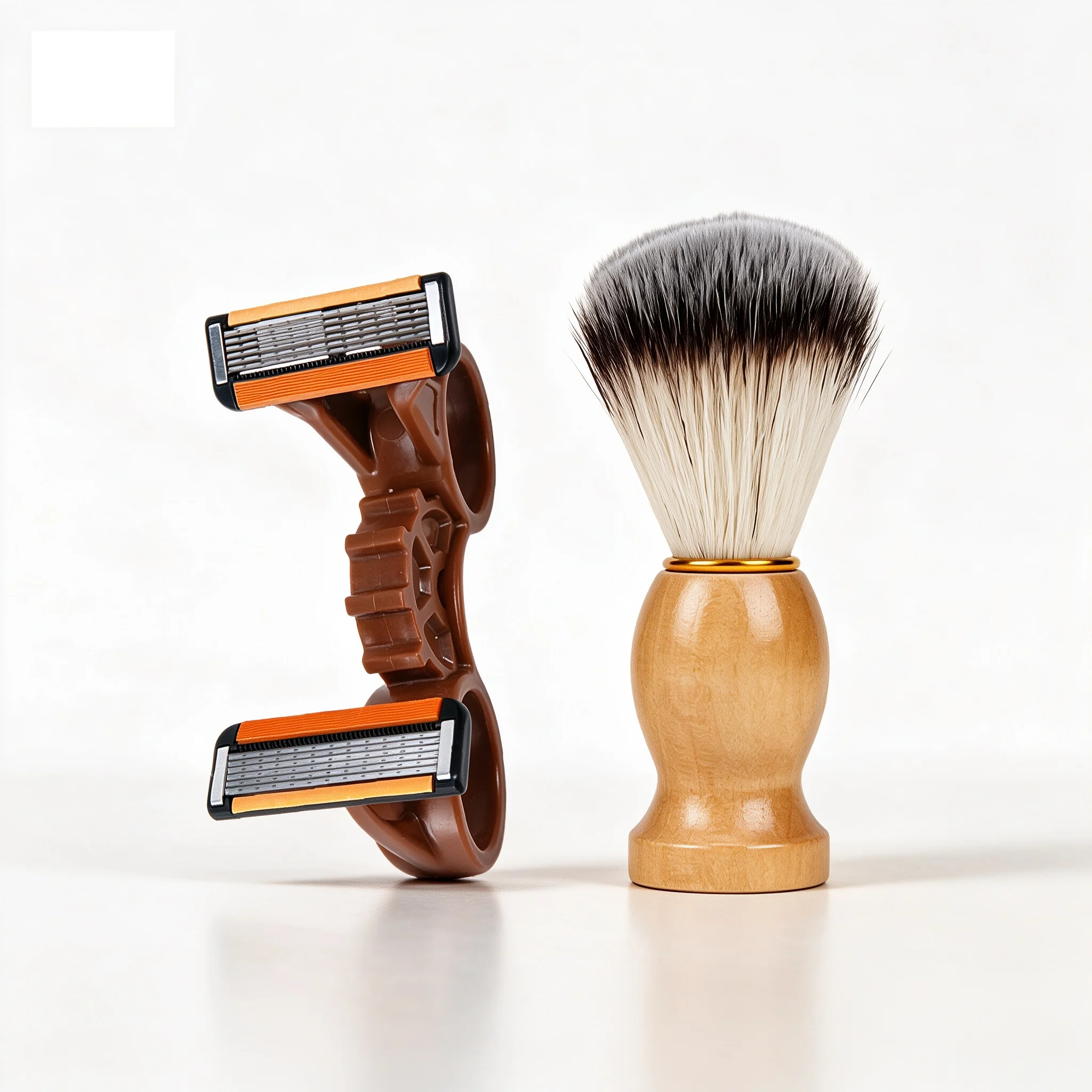 2‑Pack Facial Shaving Grooming Kit, Wood Handle Shaving Brush With Curved Ring Grip Manual Razor, Compact Daily Shaving Supplies