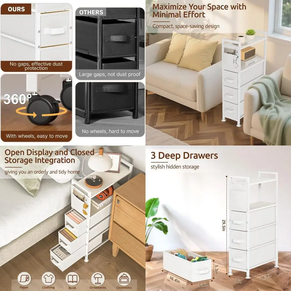 

Compact 3-Drawer Skinny Side Table with Wheels, Storage Bag for Small Spaces, White