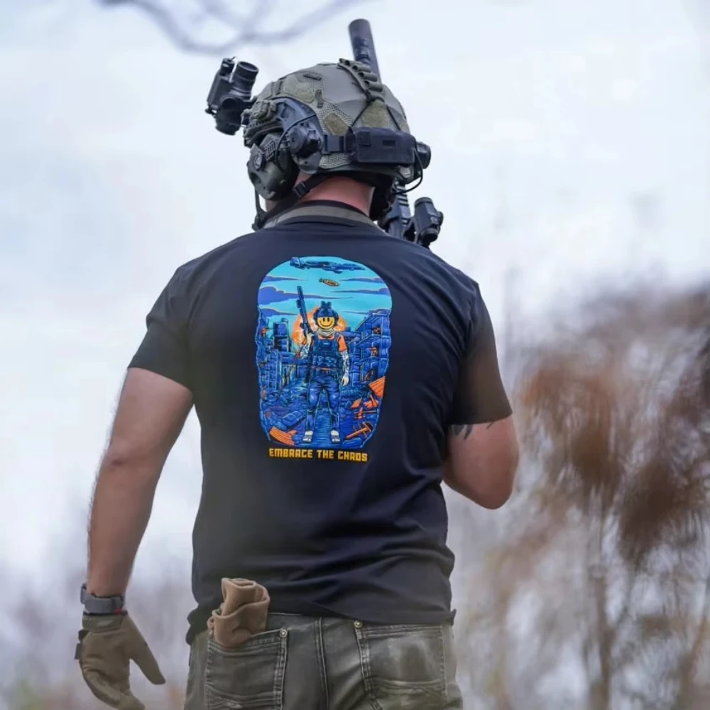 2026 Men Tactical Smile Soldier T Shirt Cotton Short Sleeve Urban War Ruins Graphic Double Sided Print Military Casual Tops