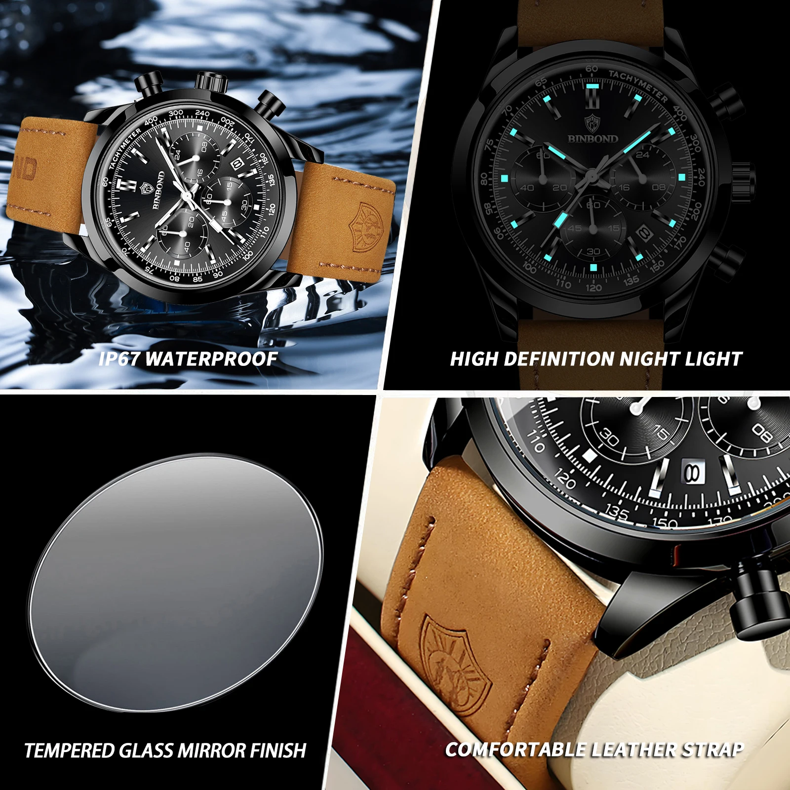 BINBOND Chronograph Sturdy Accurate Quartz Watches For Men Luxury Auto Date Luminous Waterproof Men's Watch Casual Reloj