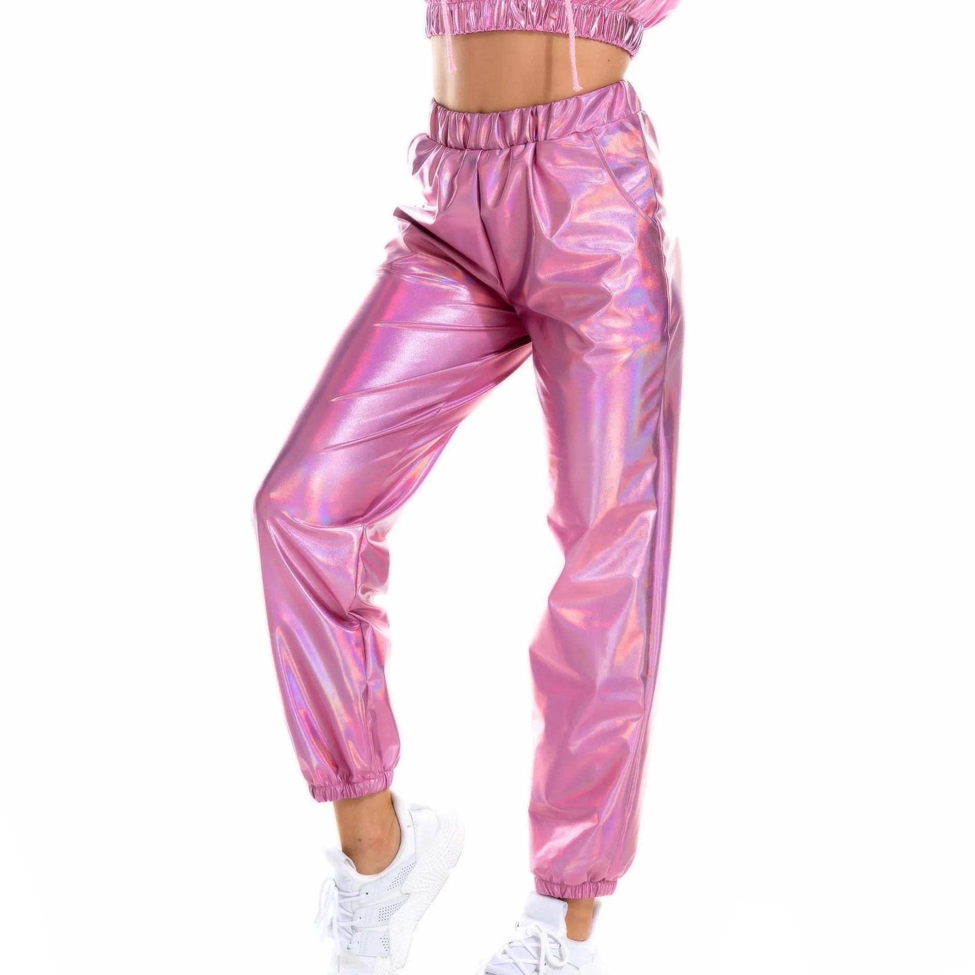 Disco Hippie High Waist Metallic Shiny Jogger Casual Hip Hop Pants Streetwear Trousers Women Fashion Smoothy Reflective Pants