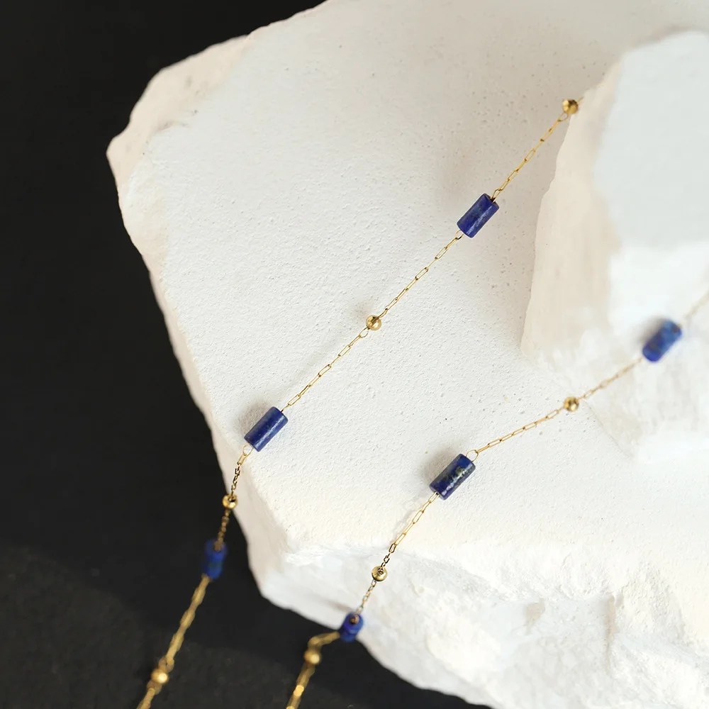 Vintage Lapis Lazuli Pendant Necklace for Women Gold Color Stainless Steel Geometric Metal Statement Sweater Chian Femme Jewelry