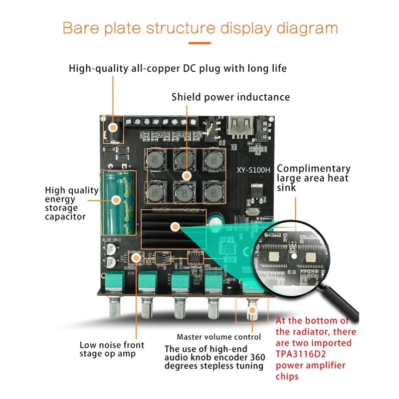 لوح مضخم صوت مضخم صوت HIFI t3116d2 ، بلوتوث ، 50WX2 + paudio W قناة صوت ستيريو USB أمبير