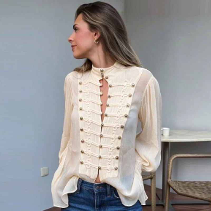 Chiffon Blouse Ruffle Women's Shirt Autumn 2026 Vintage Sheer Long Flare Sleeve Frog Knot Button Up Shirt Office Lady Shirt