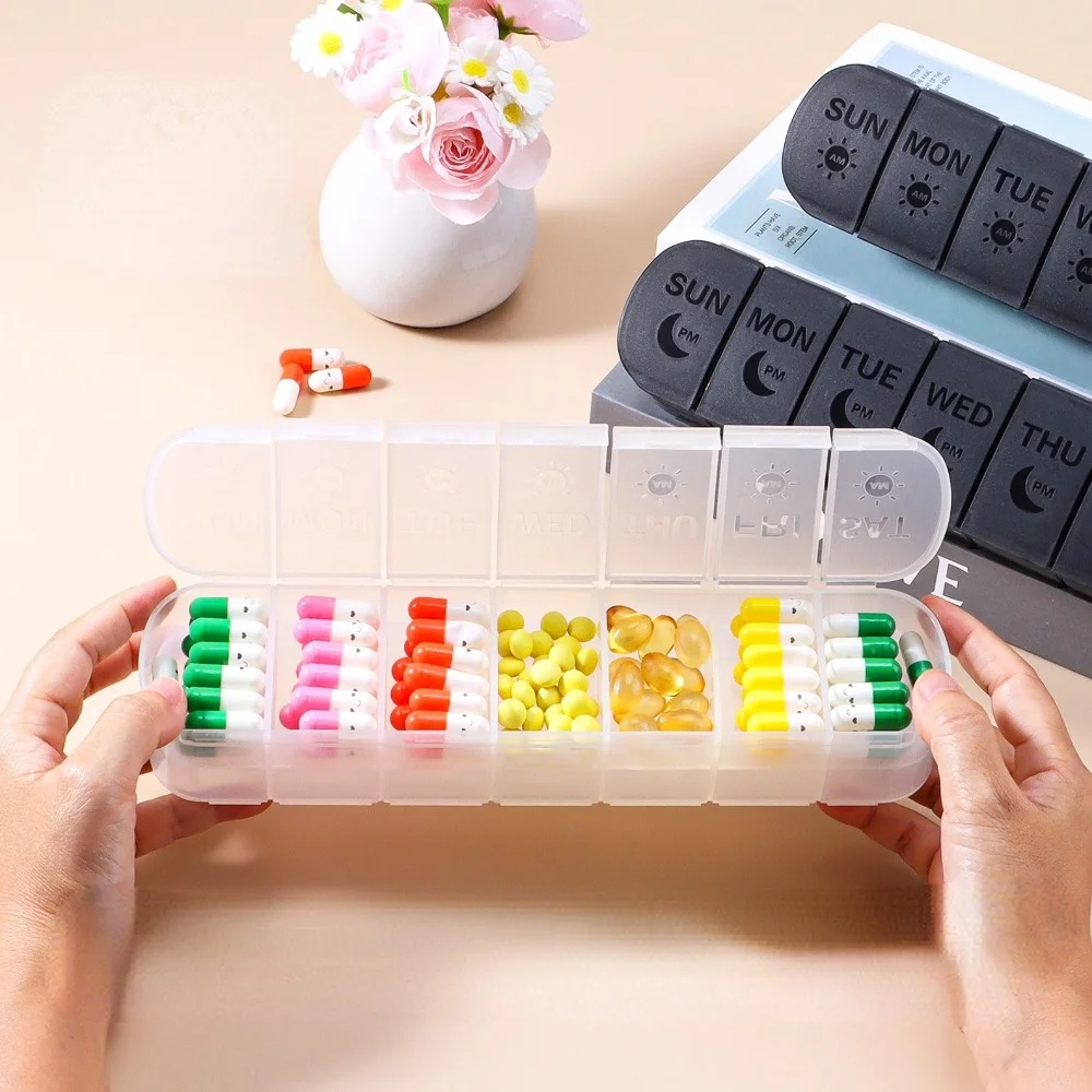

New Premuim Weekly Double-layer Portable Pill Storage Cases Box Organizer 7 Days 14 Grids 2 Times A Day for Vitamins Fish Oils