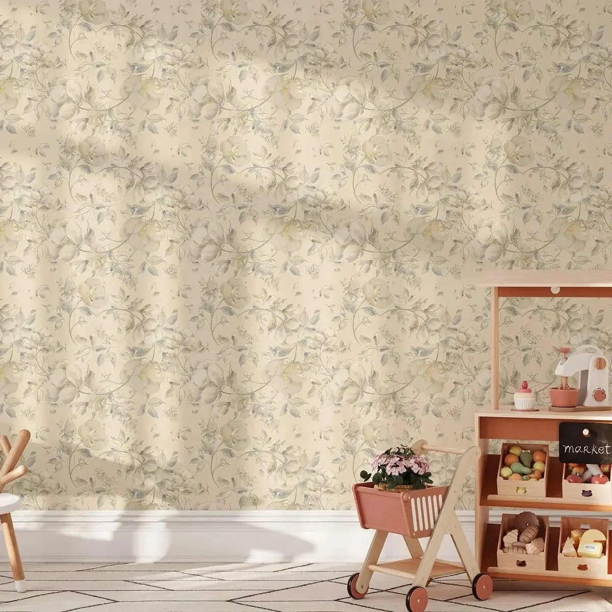 Beige Floral Art Drawing Wallpaper,Watercolor Floral Mural,Pastel Floral Self Adhesive Or Pre-pasted Wall Papers,Eco Friendly