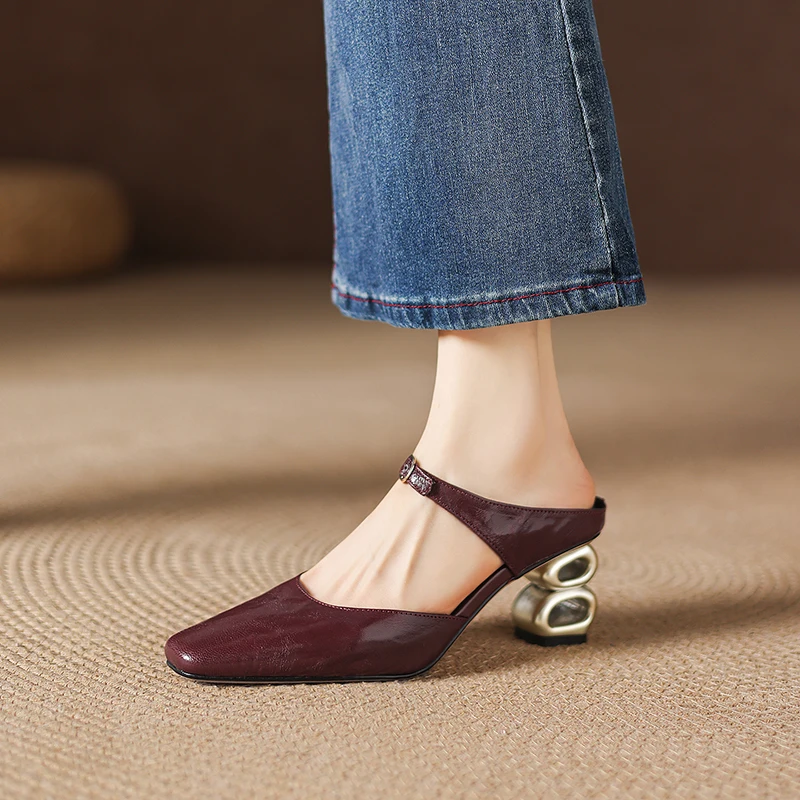 Nouvelles sandales d'été 2026 pour femmes en cuir naturel, grandes tailles 22-26 cm, en peau de mouton + cuir de vache + peau de porc, mules à bout carré et boucle à la cheville