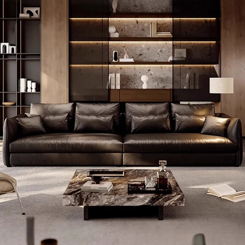 Jungle sofa light luxury leather black sofa first layer cowhide Italian minimalist living room straight row