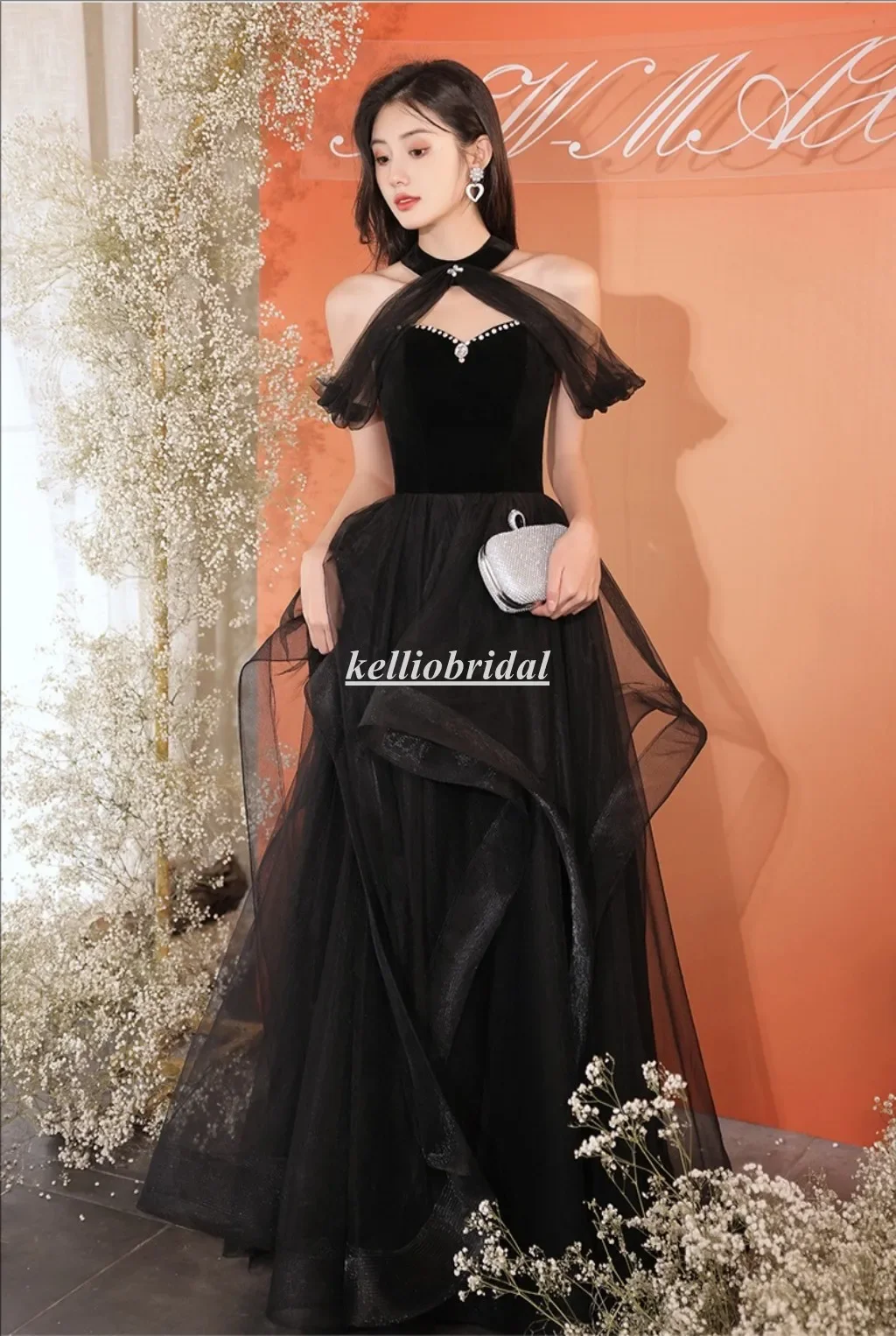 Aangepaste Halter Halslijn Avondjurken Ruches Rok Aline Tule Formele Zwarte Feestjurk LRF003