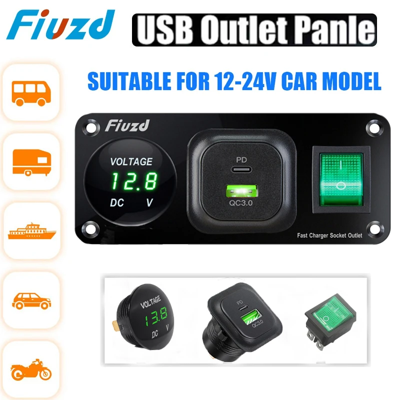 

12V USB Panel Socket Charger Outlet Socket Panel QC 3.0 Dua 12V USB Power Outlet Car Voltmeter Cigarette Lighter Socket Rocker T