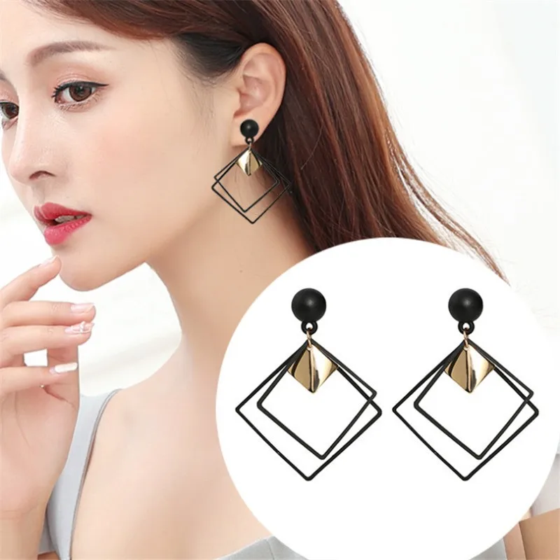 Multilayer Geometric Square Drop Earrings for Women Wedding Party Simple Jewelry Black Acrylic Hollow Statement Dangle Earrings