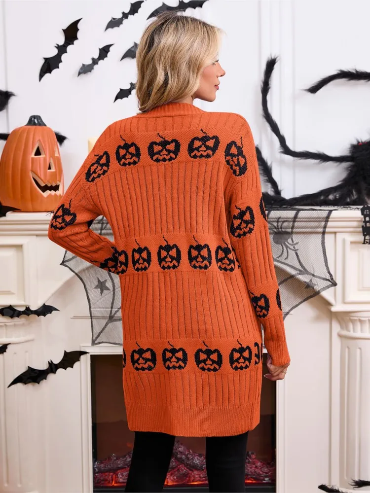 Women Halloween Pumpkin Jacquard Knit Cardigan Fashion Long Sleeve Open Front Sweater Coat Casual Loose Autumn Winter Outerwear