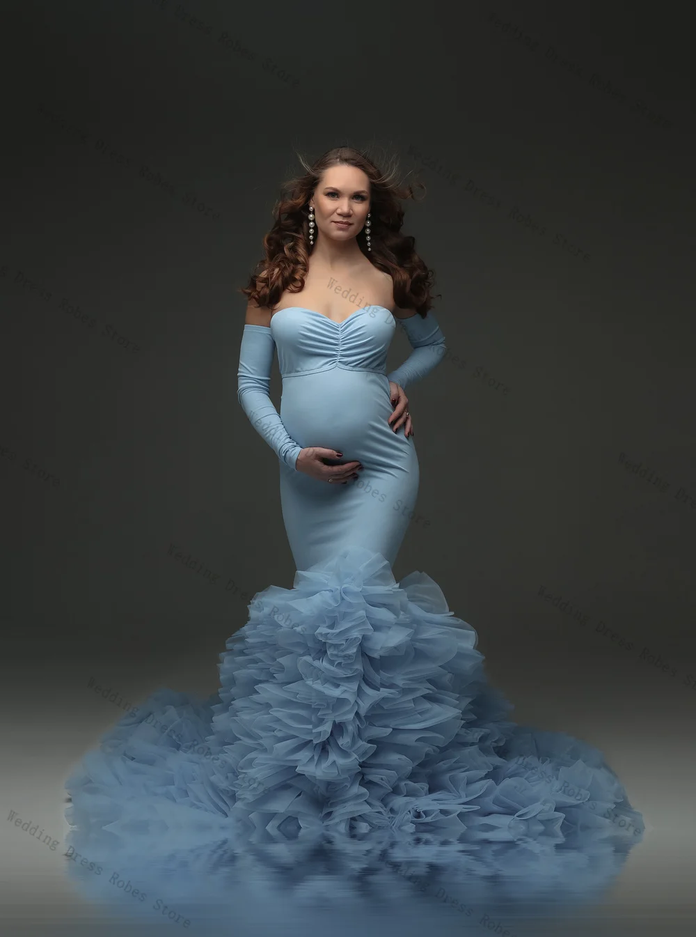 Blue Woman Pregnant Prom Dress Sexy Off Shoulder Full Sleeves Maternity Robes Evening Gown Tiered Tulle Sleepwear Customized