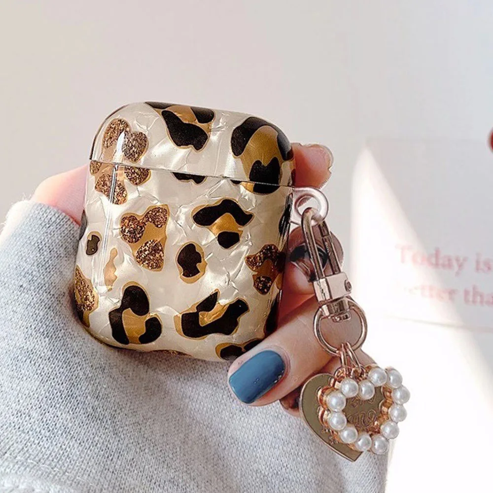 Shell Pearl Leopard Pattern Earphone Case For Apple AirPods Pro 2 3 4 4th 2024 Soft Girls Protective Cover with Pendant Keychain