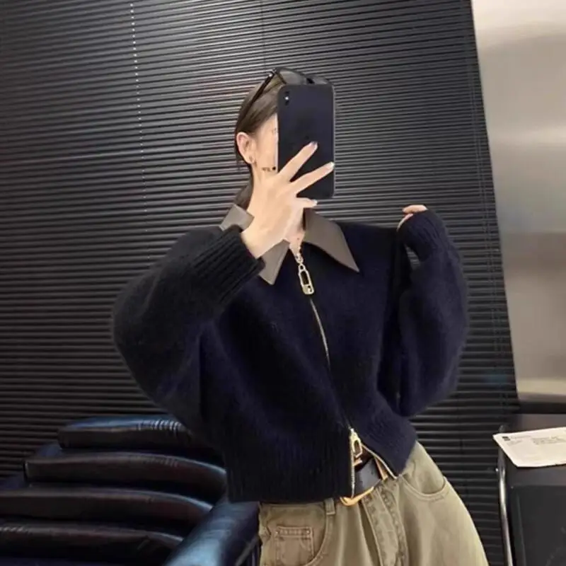 

zipper lazy velvet jacket high-end splicing knitted cardigan double-ended tops for women Fashion Hot Style