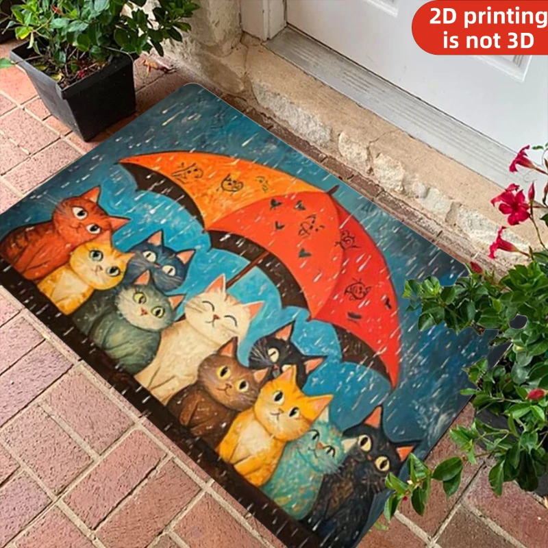 Cute Cats Under Umbrella Floor Mat Rainy Day Art Doormat Non-Slip Absorbent Entrance Rug for Living Room Bedroom Home Decor