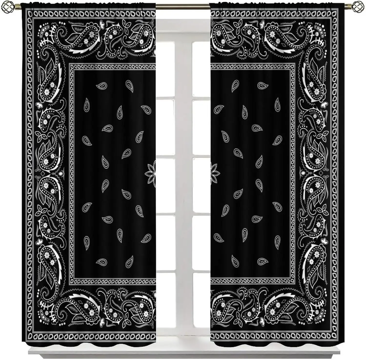 Retro Paisley Bandana Window Curtains 2 Panels, White Vintage Teardrop Floral Border On Solid Black Hip Hop Home Decor Curtain