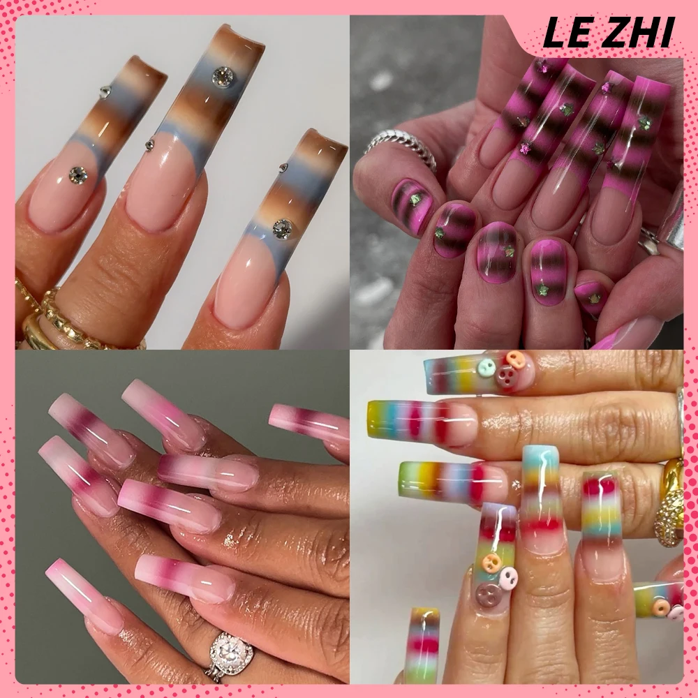 

10Pcs Square Rainbow Striped Handmade Press On Nails Gradient Color Blending Simple French Style Diy Diamond Customizable Nails