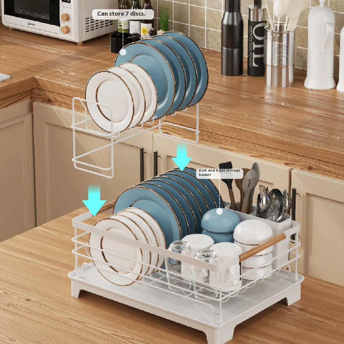 

Kitchen Dish Drying Rack Adjustable Kitchen Plates Organizer with Drainboard Over Sink Countertop Cutlery Storage Holde Shelves