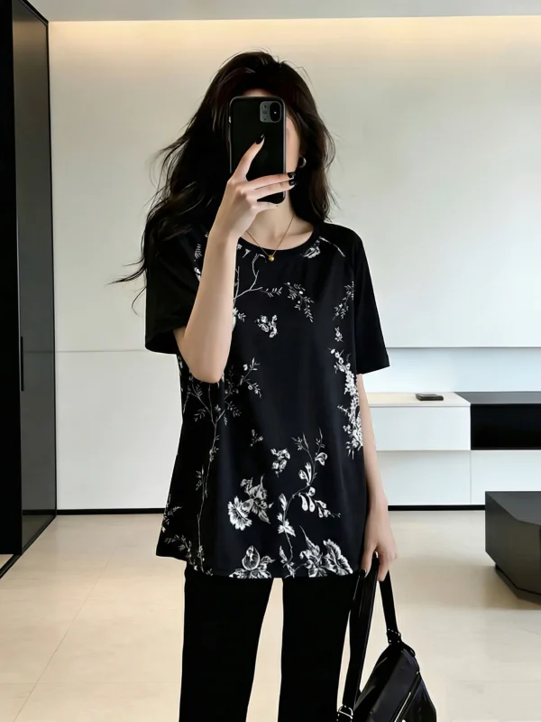 New Chinese Style Black Short Sleeve T-Shirt Women Summer plus Size Cover Belly Fashionable Top Korean Version Loose Fit