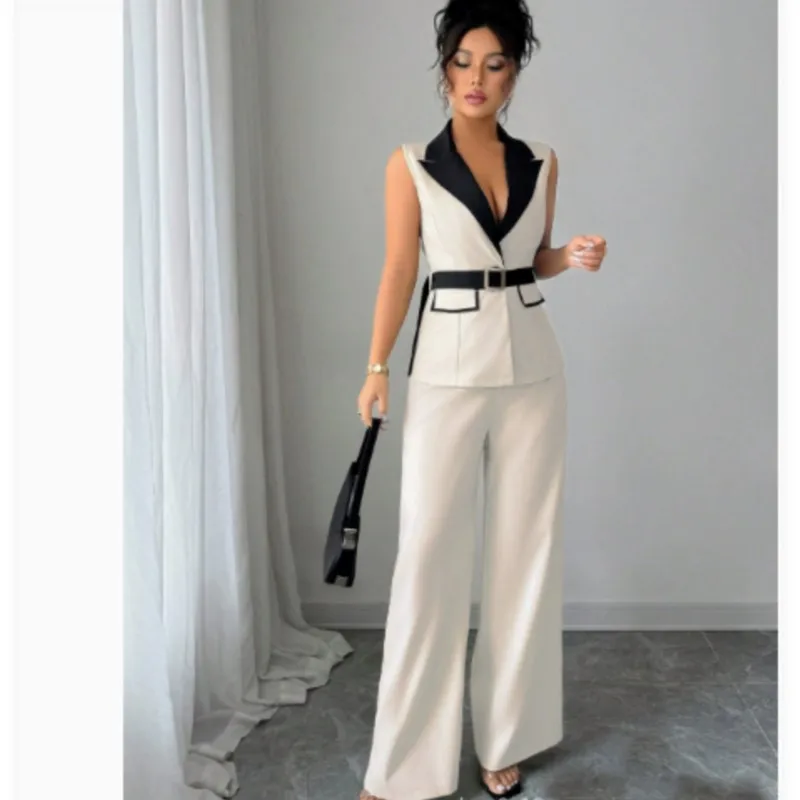 Vest Suit Women Wide Leg Pants Waistcoat 2 Piece Sets Sleeveless Jacket Belt Tight Waist Outfits Trousers Office Lady Ensemble view 5
