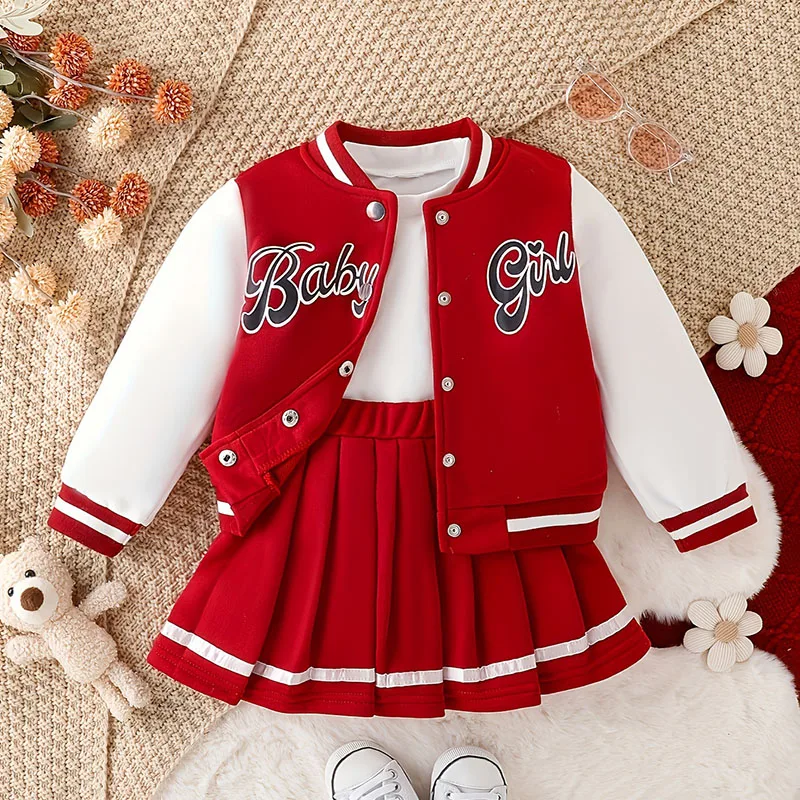 

Korea Style Girls Clothes Print Baseball Jacket Pleated Skirt Set For Kids Party Sports Winter Letter Splicing Children Clothes