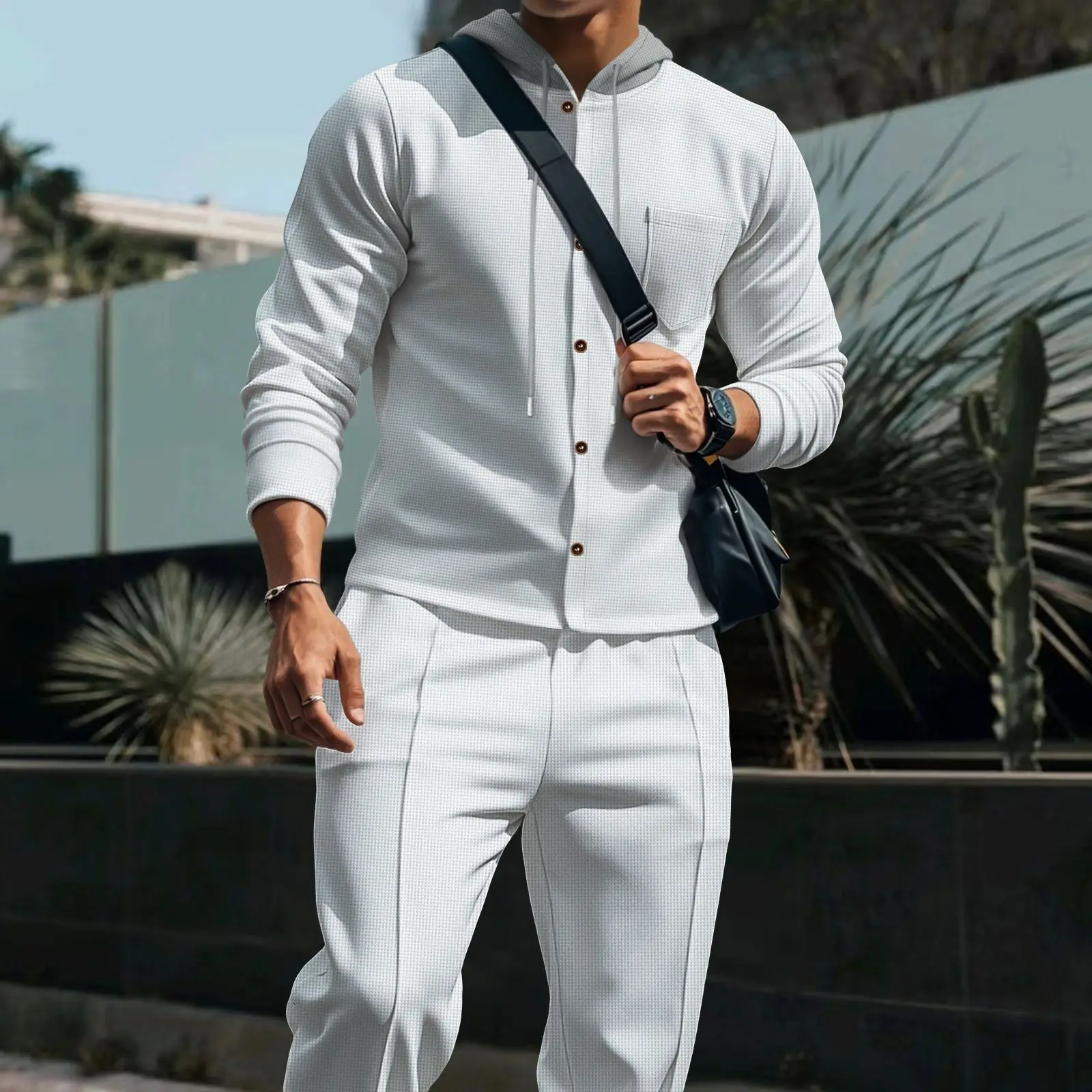 

2025 Autumn New Men's Waffle Sport Set Thickened Velvet Sweatshirt Pants 2 Piece Set Casual Hooded Men's Fashion Set Workout Set