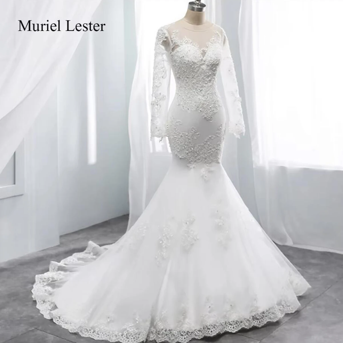 

Elegant Lace Appliques Beaded Mermaid Wedding Dresses For Bride O Neck Long Sleeves Illusion Tulle Bridal Gowns Customized Dress