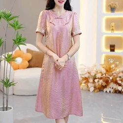 Chinese style disc buckle round Collor loose style printed cheongsam dress women spring summer retro daily oversize long qipao