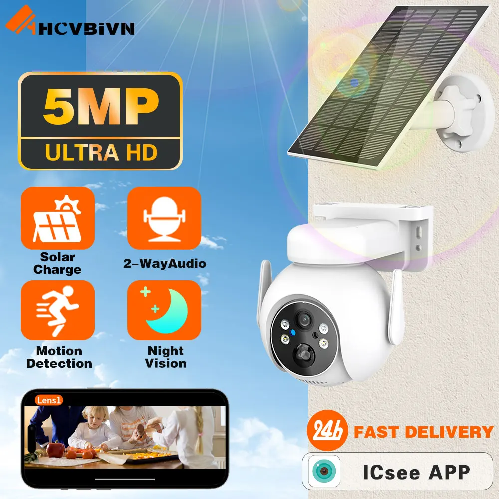 

360° WIFI Solar Camera 5MP PIR Human Detection Outdoor Security With Solar Panel Wireless Surveillance PTZ Battery Camera iCsee