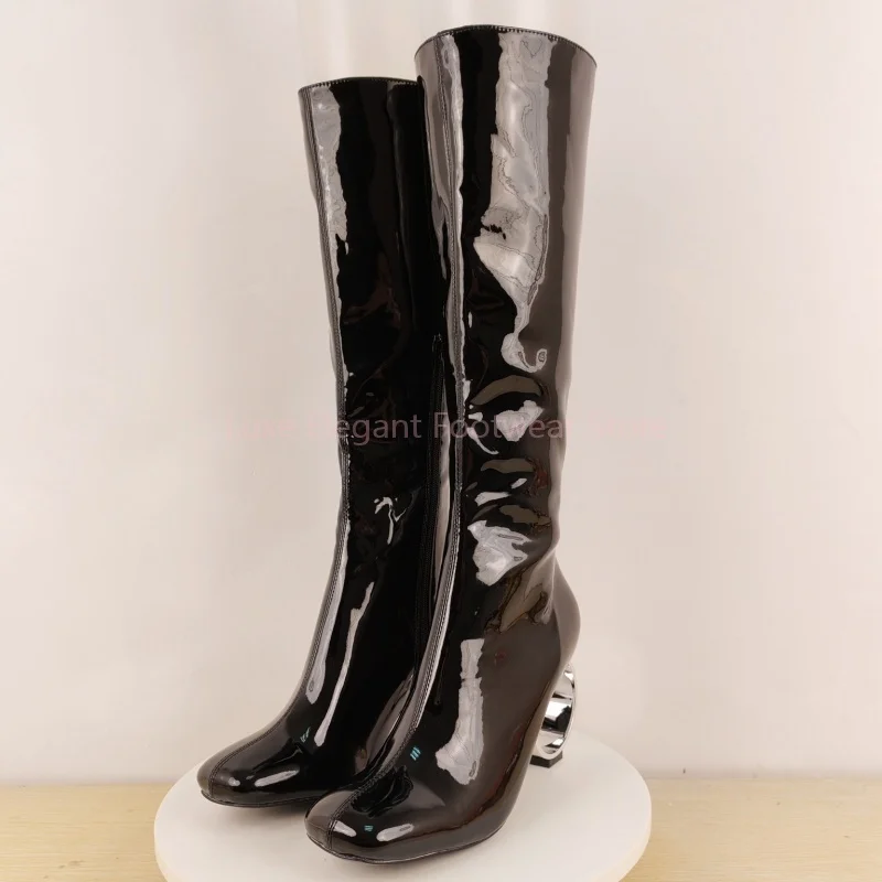 

Black Square Toe Hollow Strange Style Long Boots Women Patent Leather Side Zipper Knee High Boots Luxury Sexy Party Ladies Shoes